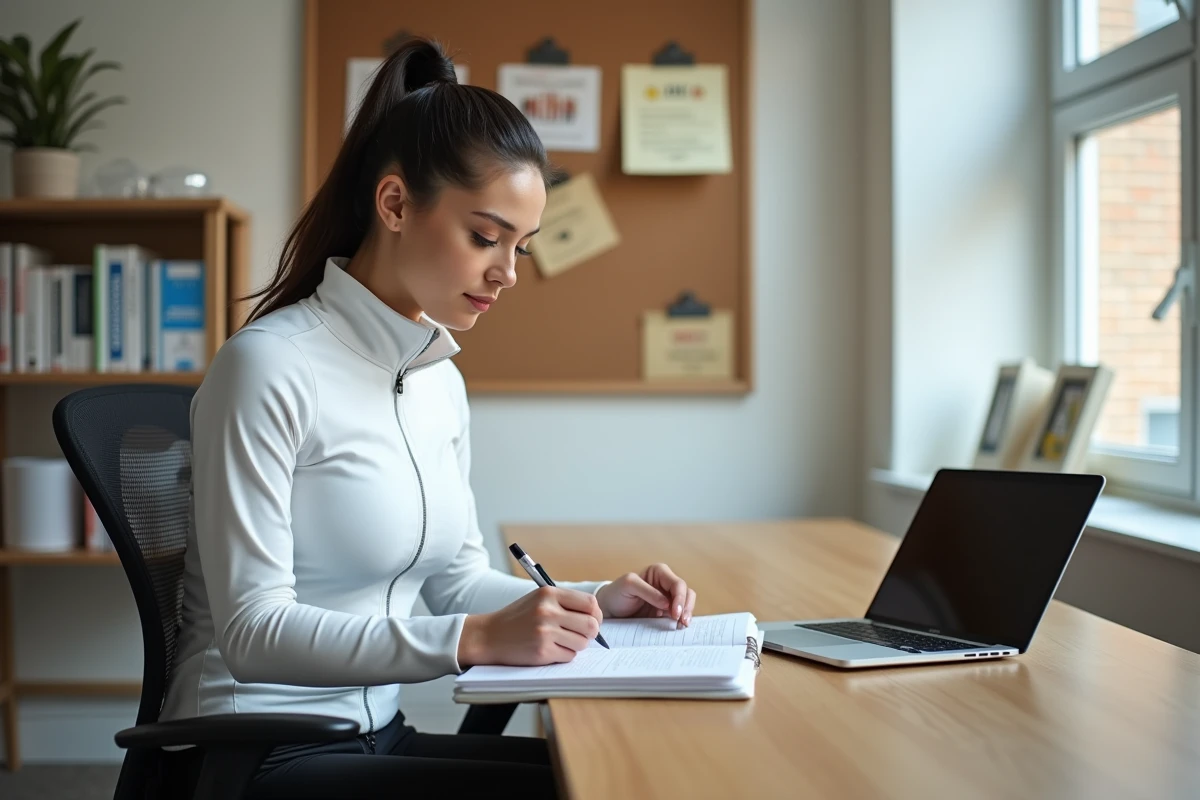 Jeune femme coach sportive consultant son dossier de certification de diplôme dans un bureau professionnel de coaching