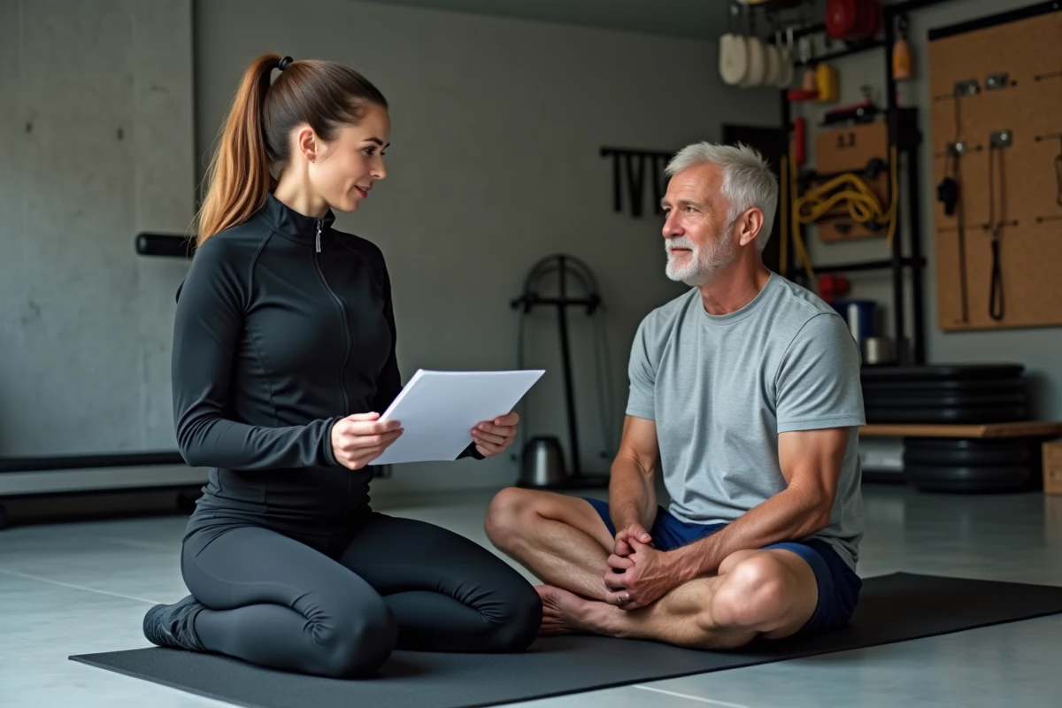 Coach sportive à domicile présentant un programme d'entraînement personnalisé à un homme dans un garage aménagé