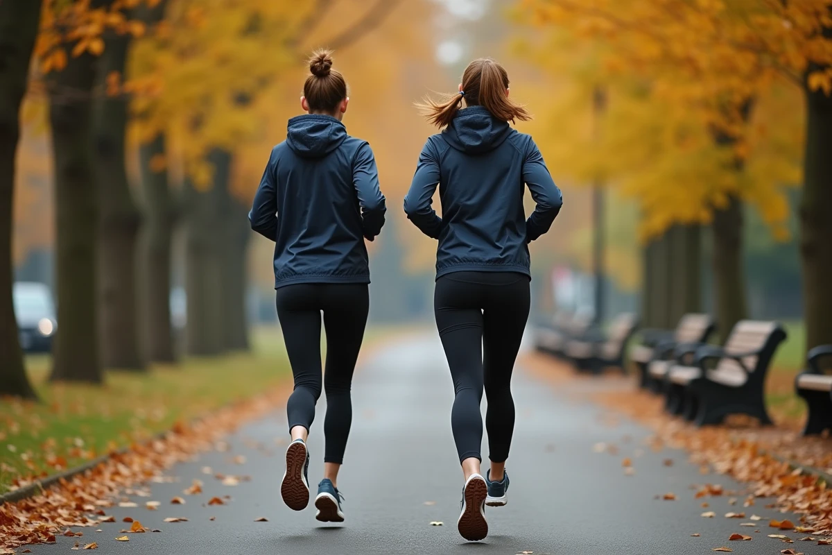 Coach sportive féminine accompagnant une coureuse lors d'un entraînement en plein air dans un parc urbain en automne