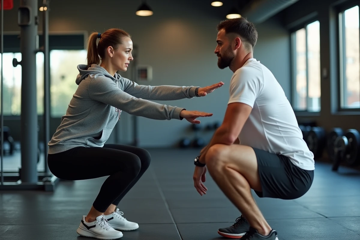 Coach sportive féminine corrigeant la technique de squat d'un client dans une salle de sport moderne à Nantes