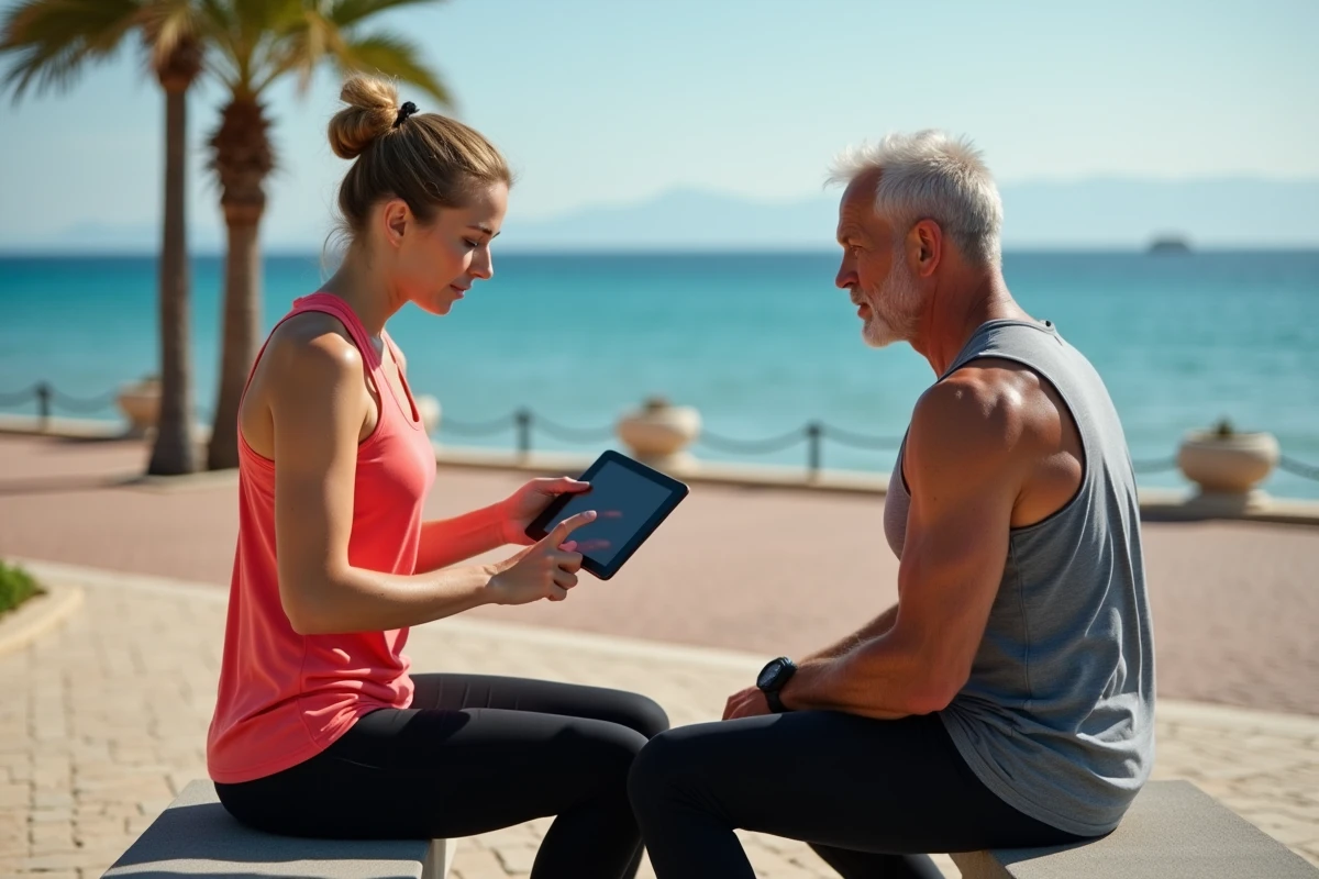 Coach sportive et client senior consultant un programme de remise en forme personnalisé en extérieur sur la Promenade des Anglais à Nice