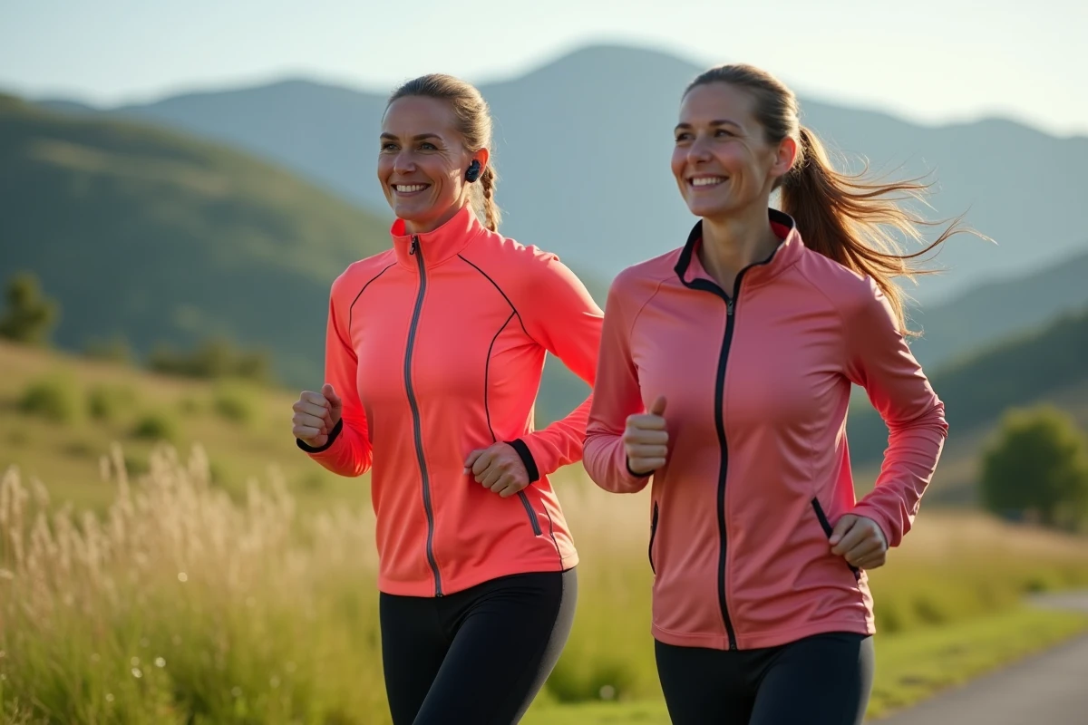 Coach sportive à Pau accompagnant sa cliente lors d'une séance de running en plein air au pied des Pyrénées