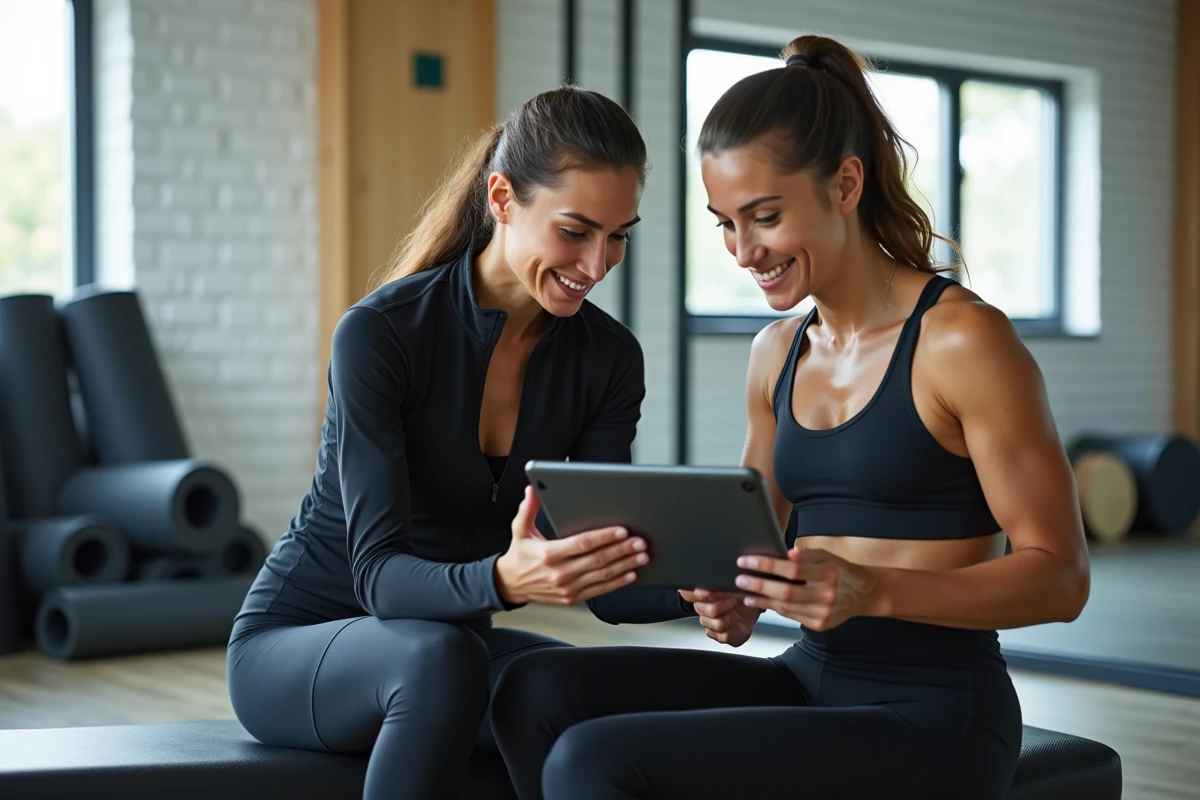 Coach sportive et cliente consultant un programme d'entraînement personnalisé sur tablette dans un studio de fitness