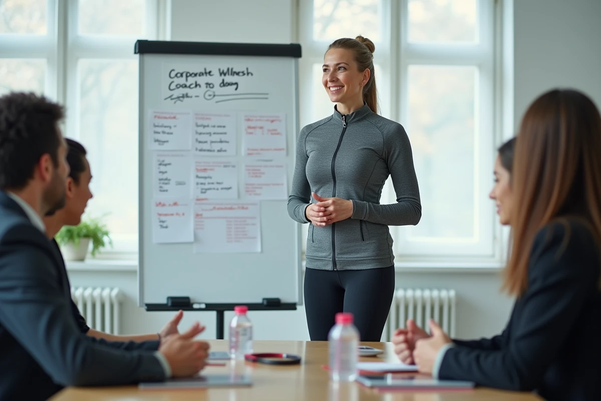 Coach sportive en entreprise présentant un programme de fitness hebdomadaire à des collaborateurs lors d'une réunion bien-être