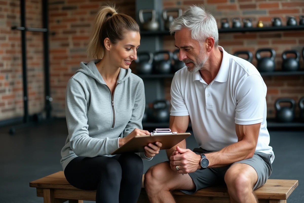 Coach sportive et client discutant d'un programme de reprise sportive dans une salle de fitness moderne à Clermont-Ferrand