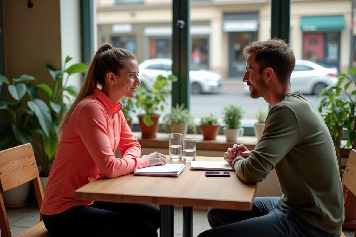 Coach sportive et client définissant des objectifs fitness autour d'une table dans un café de Reims