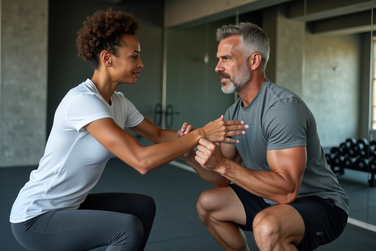 Coach sportive corrigeant la posture d'un client dans une salle de fitness moderne à Limoges