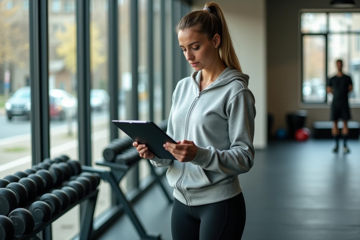 Coach sportive féminine consultant un plan d'entraînement dans une salle de sport moderne à Grenoble