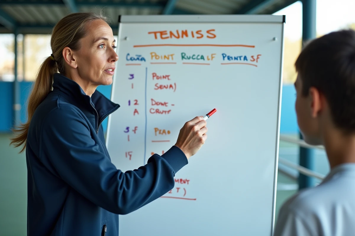Entraîneuse de tennis expliquant une stratégie de sélection de tournois P100 sur tableau blanc lors d'une séance de coaching
