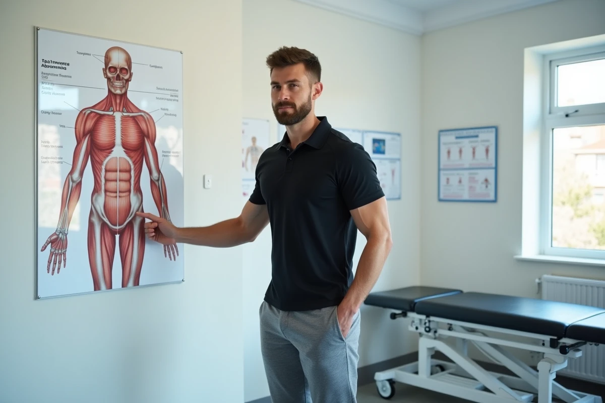 Coach sportif montrant le muscle transverse sur un poster anatomique dans une salle de rééducation professionnelle
