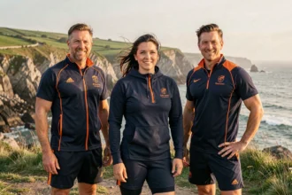 Groupe de coachs sportifs professionnels dans les Côtes-d'Armor avec paysage breton en arrière-plan