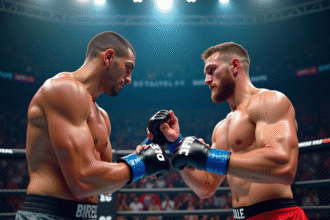 Deux combattants de MMA se touchent en arena lumineuse