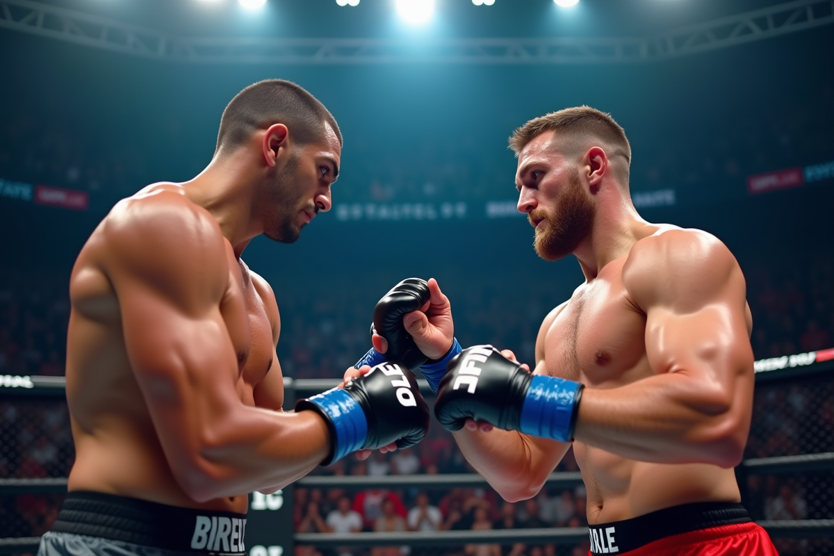Deux combattants de MMA se touchent en arena lumineuse