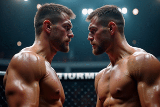 Deux combattants MMA d'élite face à face dans un octogone lumineux