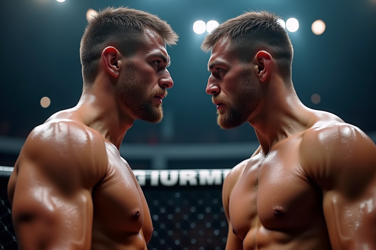 Deux combattants MMA d'élite face à face dans un octogone lumineux