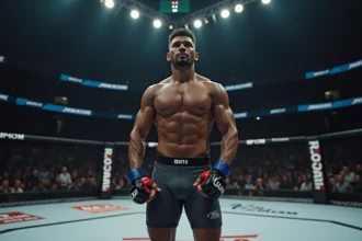 Combattant UFC debout dans l'octogone lors d'un championnat 2026, vue en contre-plongée dans une arène professionnelle