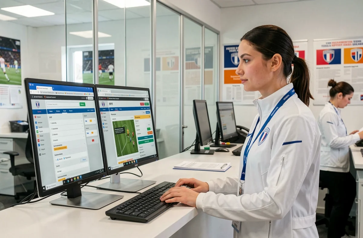 Responsable administrative d'une ligue de football comparant le portail Footclub et le portailclubs FFF sur un ordinateur de bureau