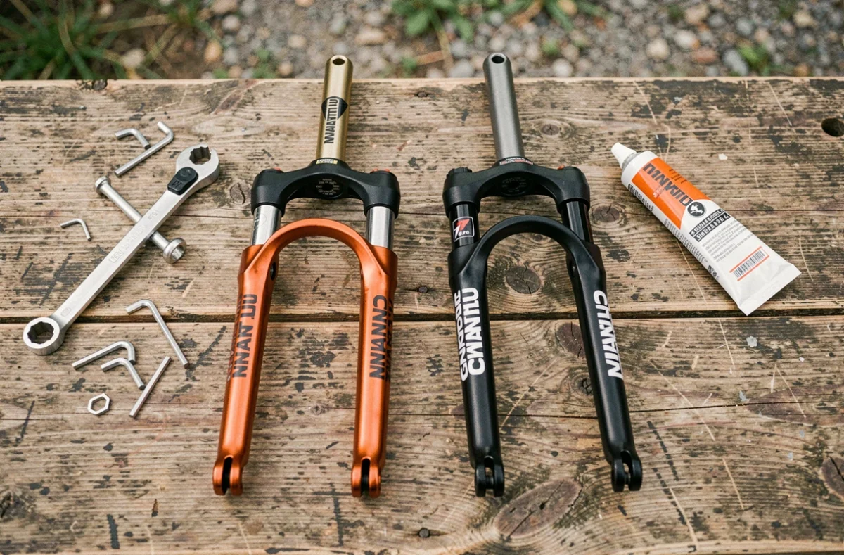 Comparatif de deux modèles de fourches Manitou Comp posés côte à côte sur un établi extérieur