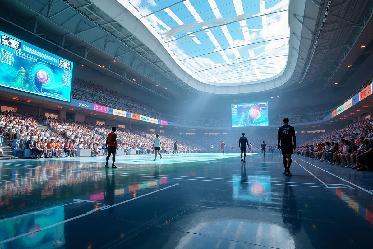 Complexe sportif urbain futuriste en 2025 avec athlètes et technologie