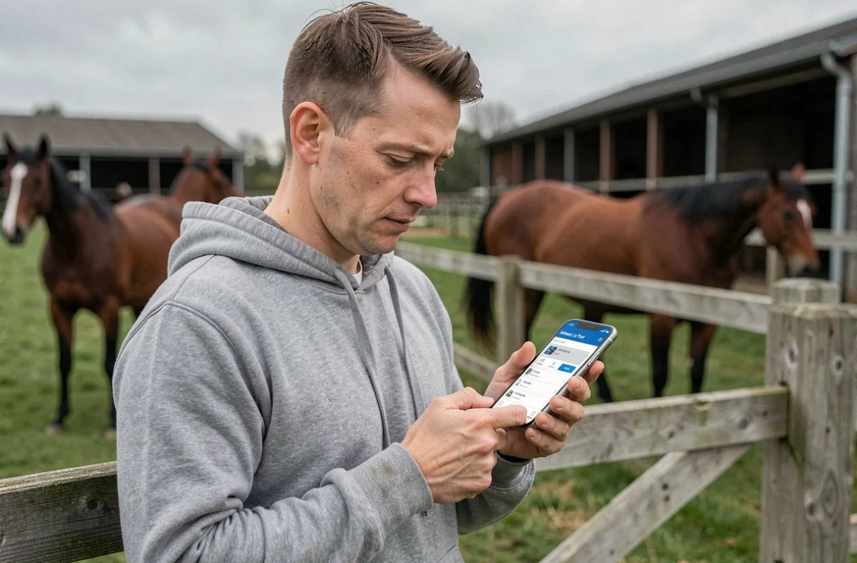 Utilisateur consultant son compte Infonet Le Trot sur smartphone dans un centre équestre avec des chevaux en arrière-plan