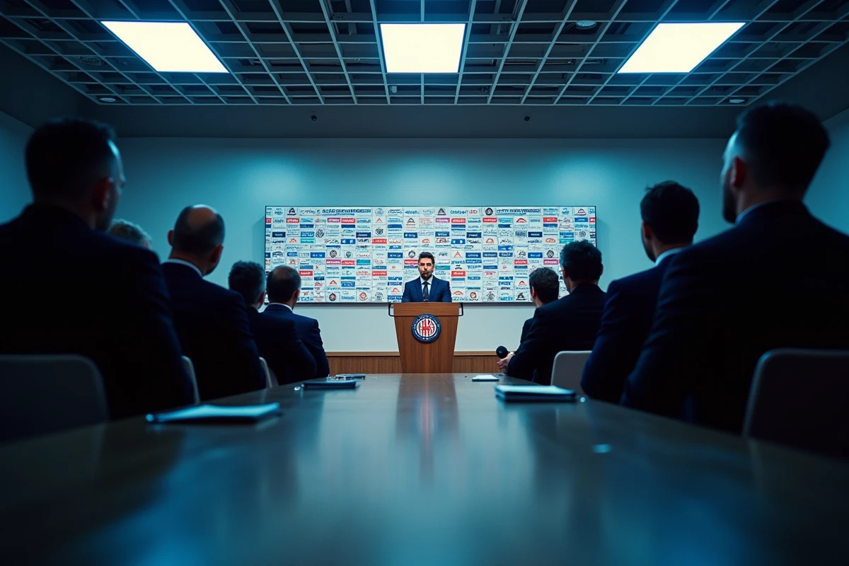 Salle de conférence de presse d'un club de Ligue 1 lors d'une annonce de transfert hivernal