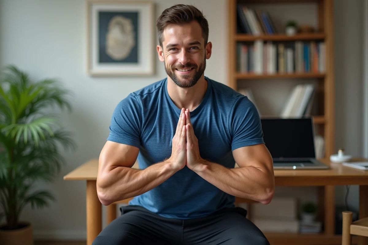 Homme en bureau à domicile réalisant un exercice isométrique de contraction pectorale assis sur une chaise