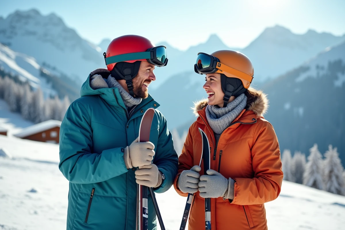 Couple d'adultes débutants souriant avec des patinettes ski sur une piste enneigée facile en montagne