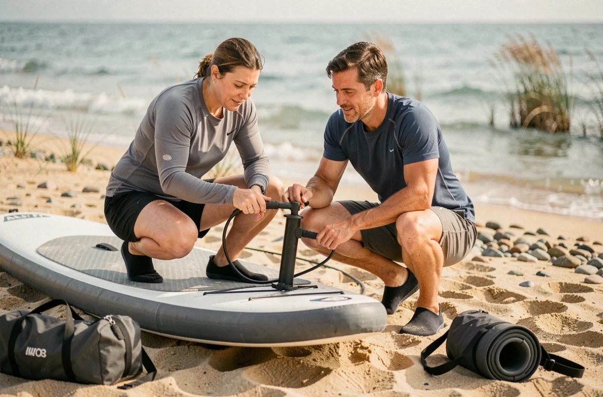 Couple gonflant un paddleboard gonflable sur la plage avec une pompe manuelle, préparation avant une session SUP