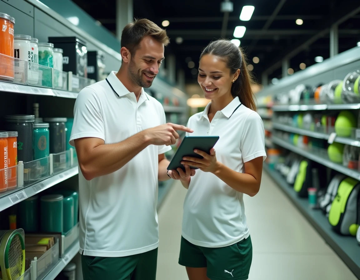 Couple de joueurs de tennis consultant un code de réduction en ligne dans un magasin de sport spécialisé