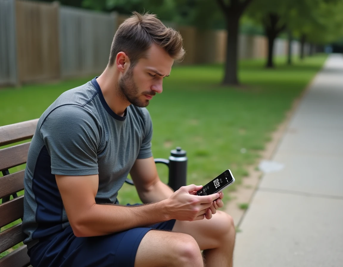 Coureur analysant ses données de temps et de kilomètres sur une application mobile après un entraînement