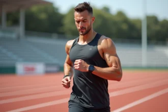 Coureur masculin consultant sa montre GPS pendant un entraînement fractionné sur piste d'athlétisme