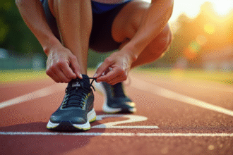 Coureur déterminé nouant ses chaussures sur une piste ensoleillée