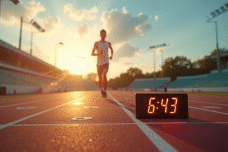 Coureur franchissant la ligne d arrivée avec un chrono numérique