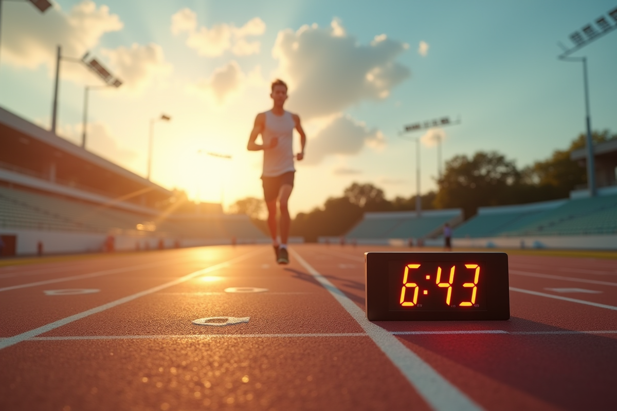 Coureur franchissant la ligne d arrivée avec un chrono numérique