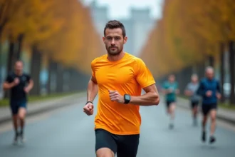 Coureur masculin vérifiant son allure en min/km sur une montre GPS pendant une course sur route