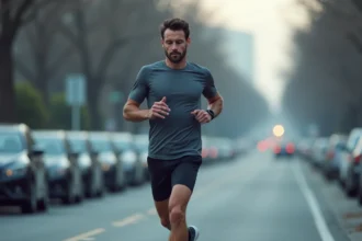 Coureur masculin vérifiant son chronomètre GPS pendant un entraînement de course à pied en milieu urbain