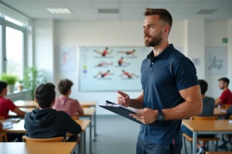 Formateur coach sportif expliquant un programme d'entraînement à des étudiants en cours de sciences du sport
