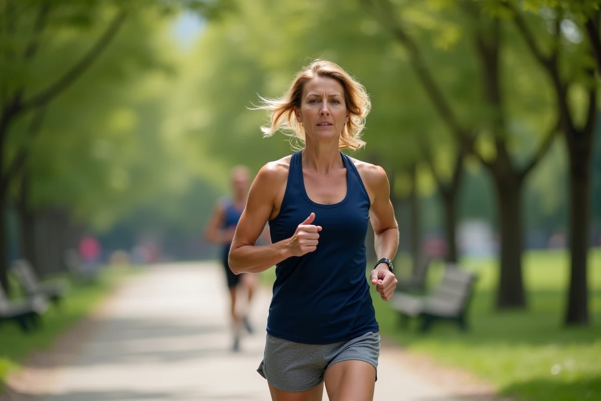 Femme qui court dans un parc pour éliminer la graisse du bas ventre grâce à l'exercice cardio régulier