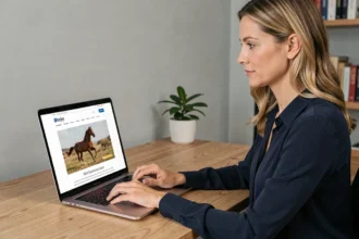 Femme créant un compte sur le site Infonet Le Trot depuis un ordinateur portable dans un bureau à domicile