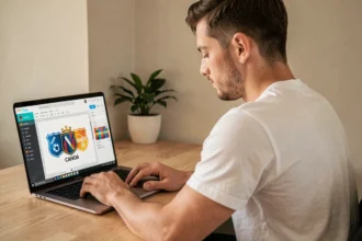 Homme créant un logo de club de football sur Canva depuis son bureau à domicile