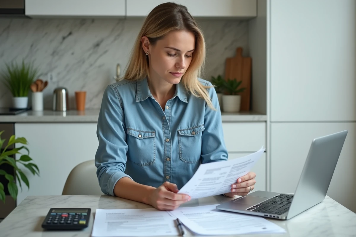 Femme calculant le crédit d'impôt pour coach sportif à domicile avec des documents fiscaux sur une table de cuisine