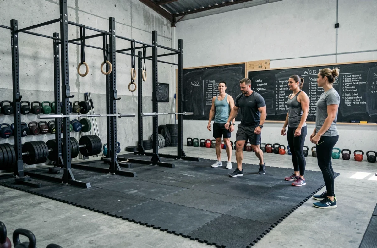 Salle CrossFit Salon-de-Provence avec rig de squat, anneaux de gym et coach encadrant une séance d'entraînement