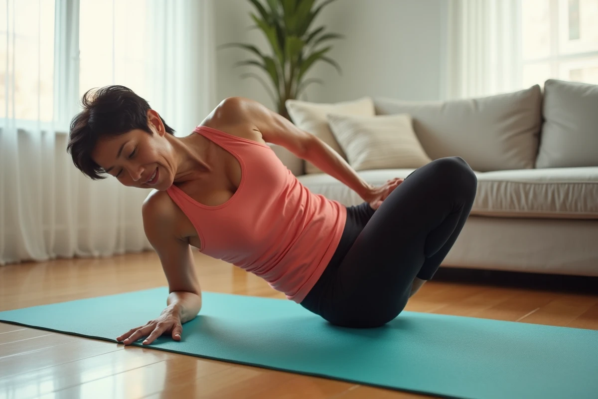 Femme d'âge moyen réalisant un crunch vélo pour les abdominaux sur tapis d'exercice sarcelle