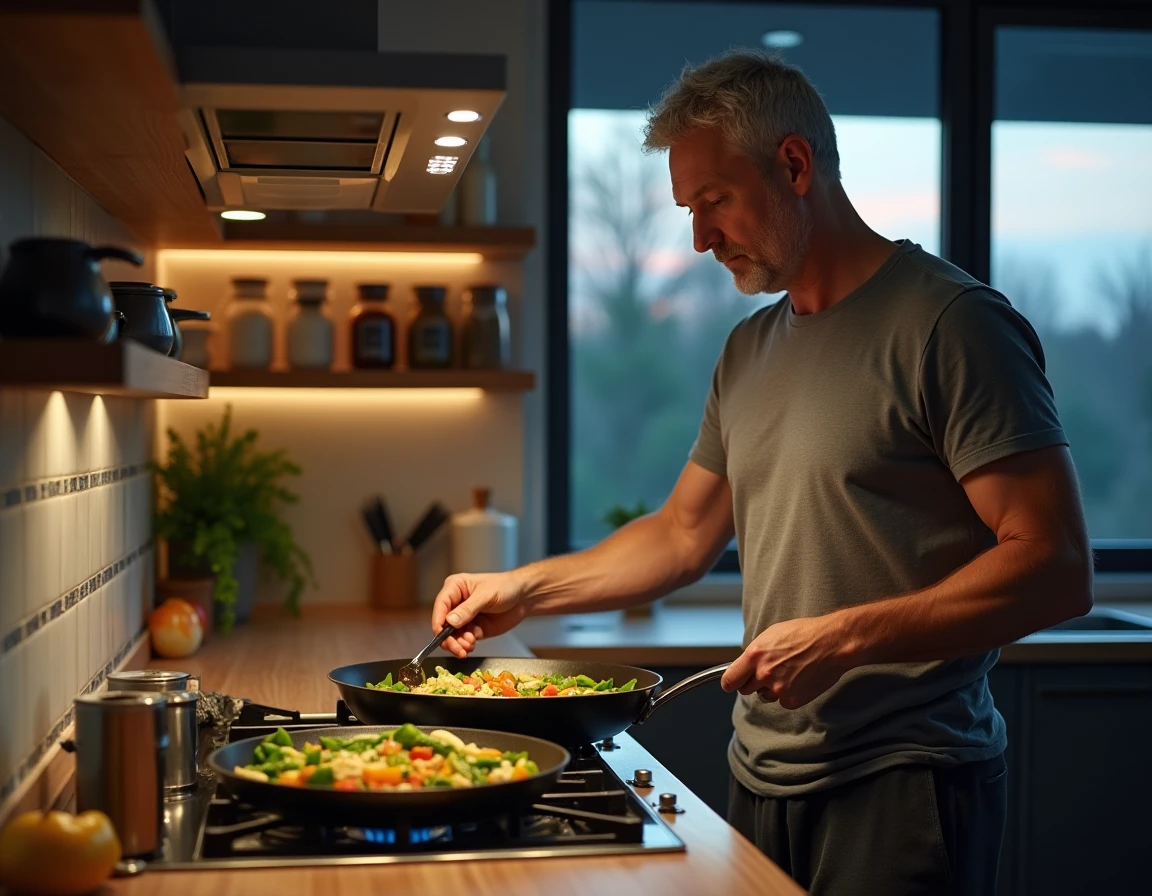 Homme cuisinant un repas léger le soir avec légumes sautés et tofu pour perdre du ventre