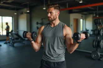 Homme musclé effectuant un curl biceps avec haltères dans une salle de sport moderne