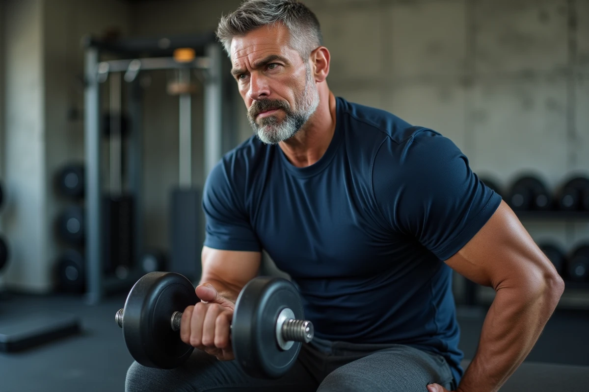 Homme mature faisant un curl concentration assis sur un banc avec haltère en salle de musculation