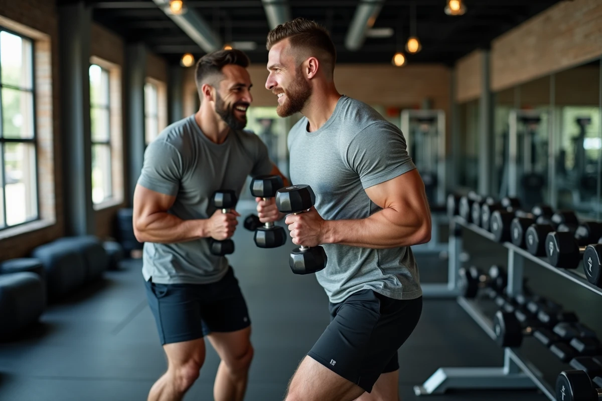 Deux hommes s'entraînant ensemble avec haltères en salle de sport commerciale, curl marteau