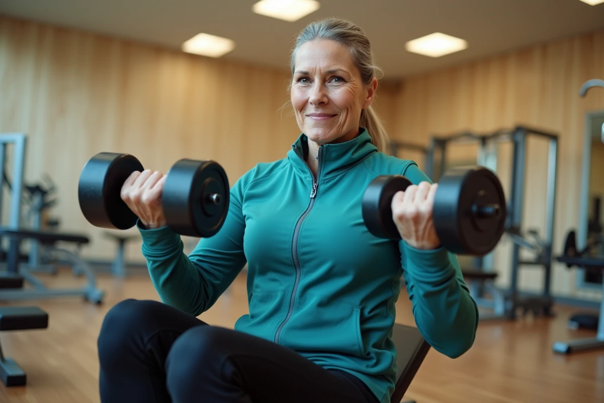 Femme d'âge mûr effectuant des curls alternés avec haltères assise dans un centre fitness communautaire