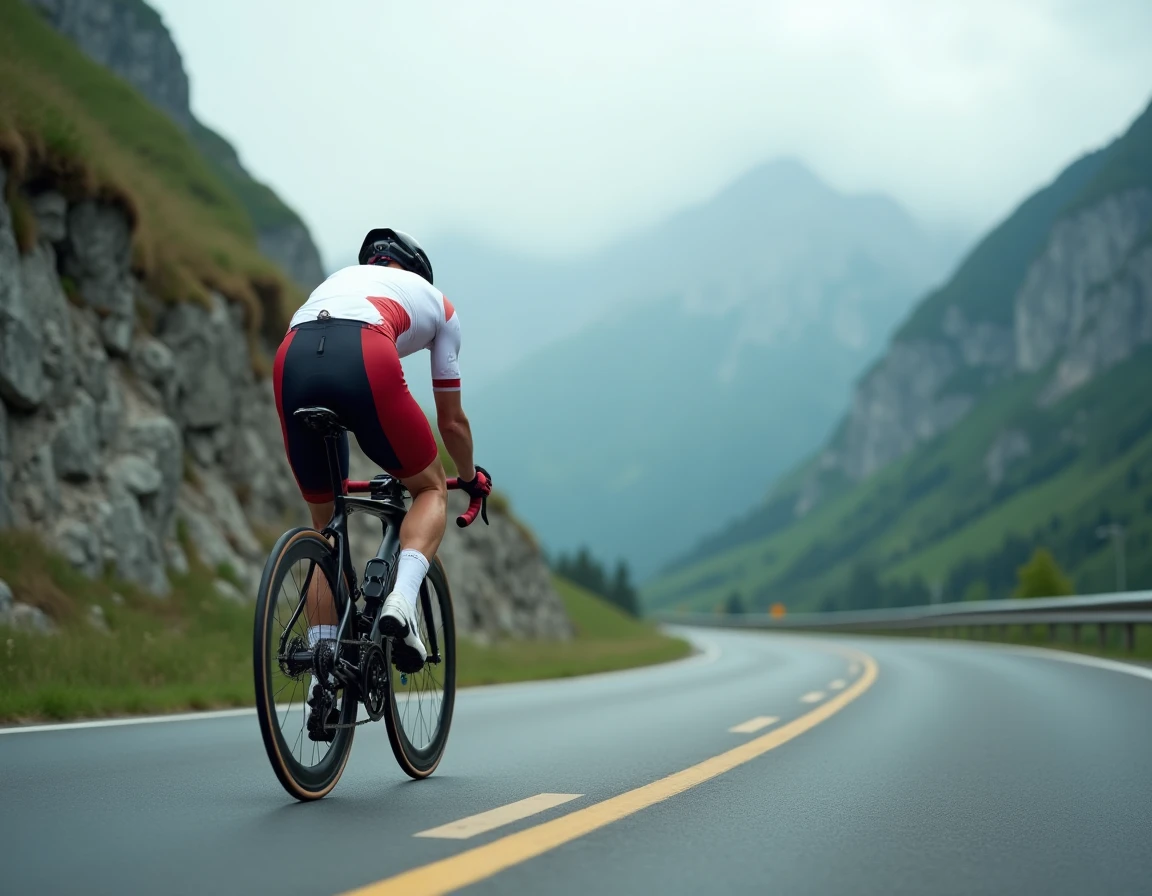 Cycliste professionnel en position de contre-la-montre sur une route de montagne alpine lors d'une compétition