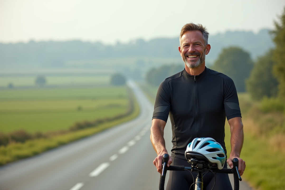 Homme cycliste souriant sur route de campagne